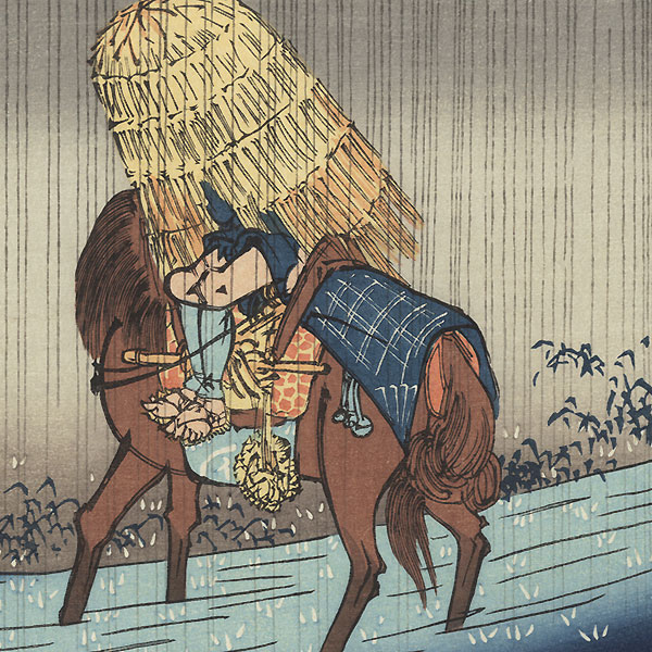 Crossing a Stream in Rain Fan Print by Hiroshige (1797 - 1858)