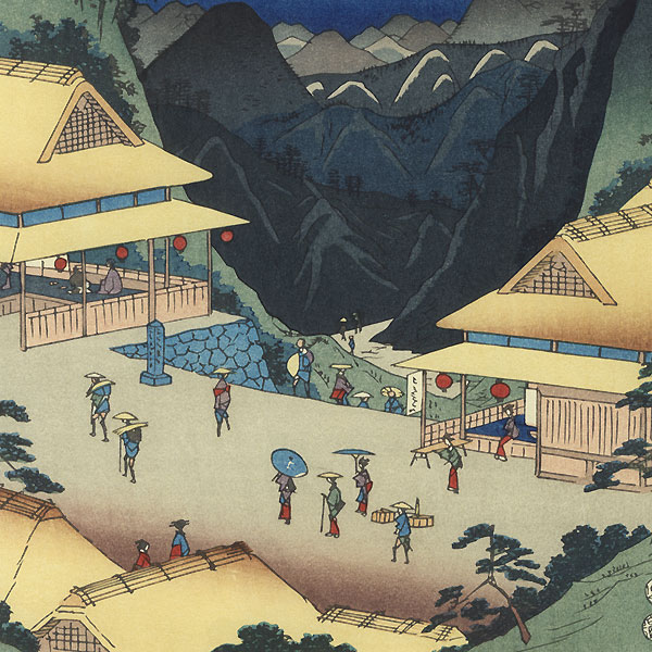 Ise Province, Mount Asama, Teahouses on the Mountain Pass by Hiroshige (1797 - 1858)