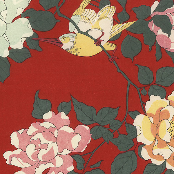 Roses and Small Bird Fan Print by Hiroshige (1797 - 1858) 