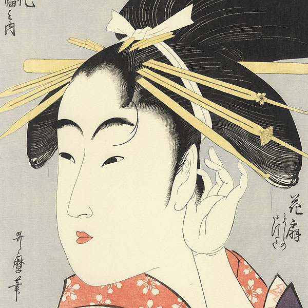 Beauty Tucking a Hair behind Her Ear by Utamaro (1750 - 1806)