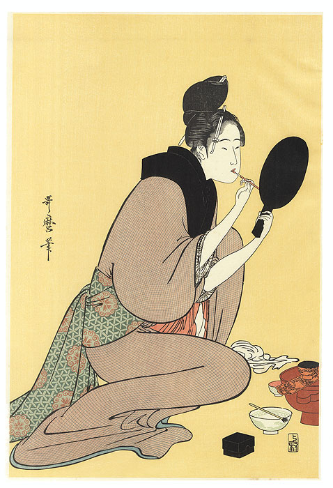 Beauty Applying Lip Color by Utamaro (1750 - 1806) 