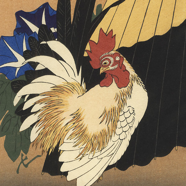 Rooster, Morning Glories, and Umbrella by Hiroshige (1797 - 1858) 