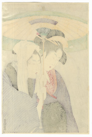 Young Lovers under an Umbrella by Utamaro (1750 - 1806)