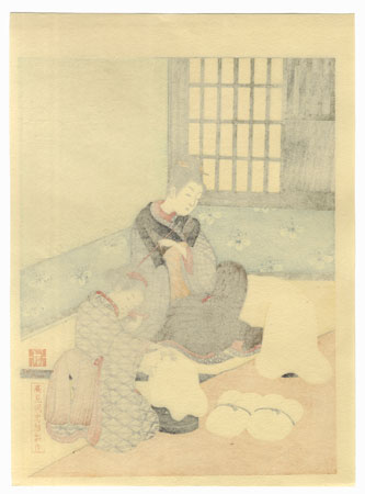 Twilight Snow of the Floss-stretching Form  by Harunobu (1724 - 1770)