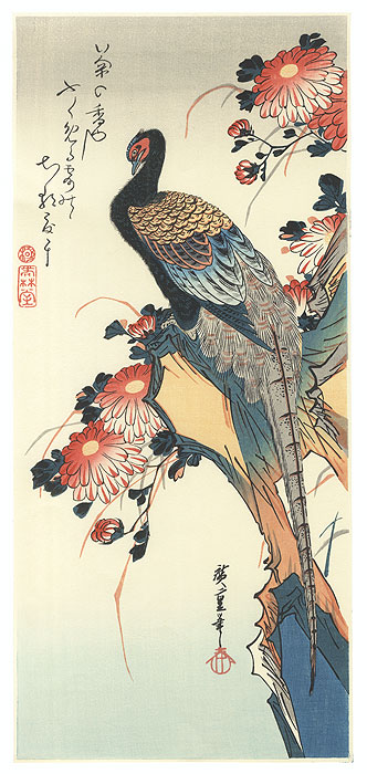 Pheasant and Chrysanthemums by Hiroshige (1797 - 1858)
