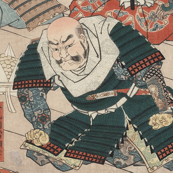 In the Kusunoki Camp, Sugimoto Akiyuki Is Rewarded with an Inscribed Sword, 1858 by Kuniyoshi (1797 - 1861)