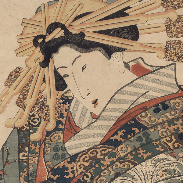 Courtesan in a Rooster Kimono Kakemono by Toyokuni III/Kunisada (1786 - 1864)