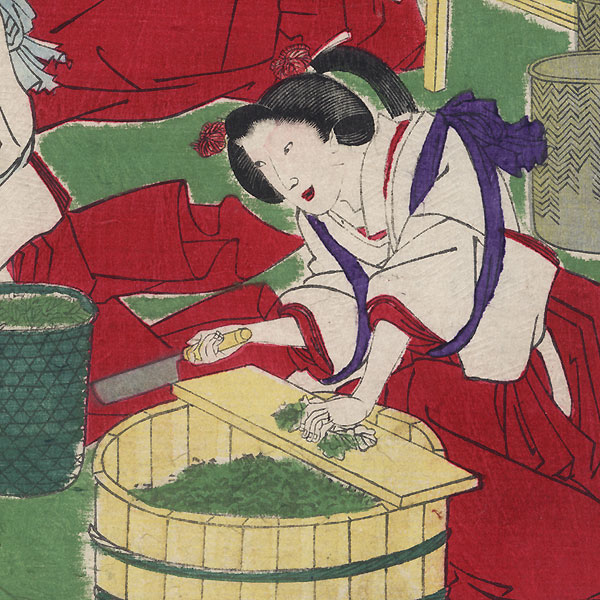 Chopping Mulberry Leaves to Feed Silkworms by Chikashige (active circa 1869 - 1882) 