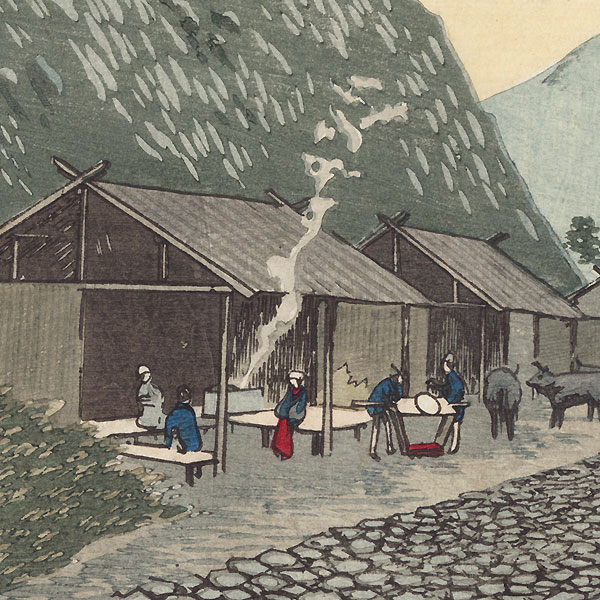 Sake Store in Hakone Mountain Pass, a Spring Day at 6 PM by Kiyochika (1847 - 1915)