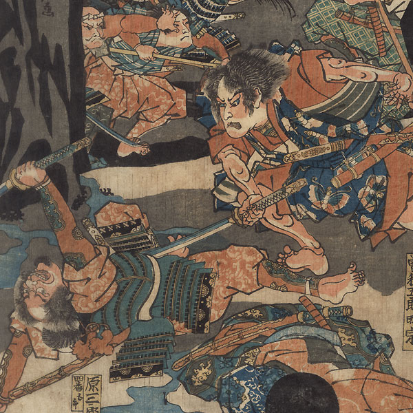 The Soga Brothers Achieve Their Goal in the Night Attack in the Foothills of Fuji on the 28th Day of the Fifth Month, 1193, circa 1836 by Kuniyoshi (1797 - 1861)