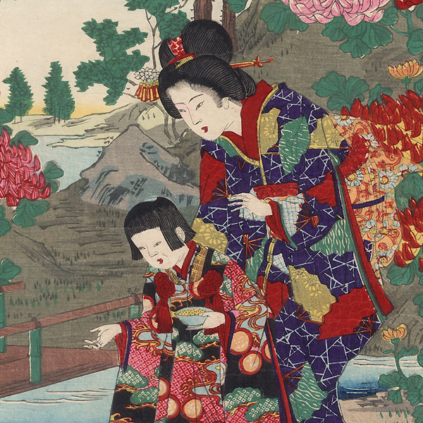 Arranging Flowers and Feeding Chickens, 1892 by Nobukazu (1874 - 1944)