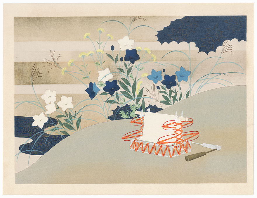 Autumn Grasses and Blossoms and Fulling Block by Shin-hanga & Modern artist (unsigned)