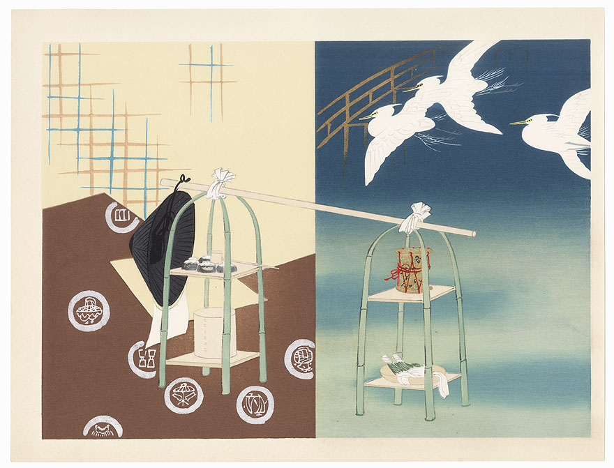 Vendor's Yoke and Herons in Flight by Shin-hanga & Modern artist (unsigned)