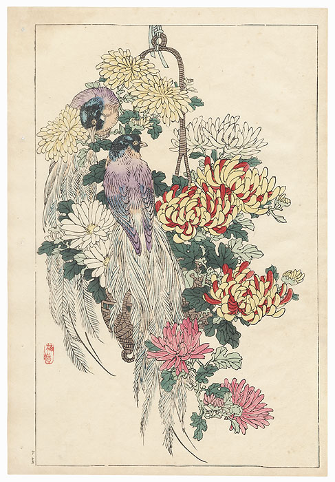Long-tailed Birds and Chrysanthemums by Kono Bairei (1844 - 1895)