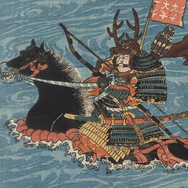 Kajiwara Kagesue at the Battle of Uji River, 1847 - 1852 by Yoshitora (active circa 1840 - 1880)