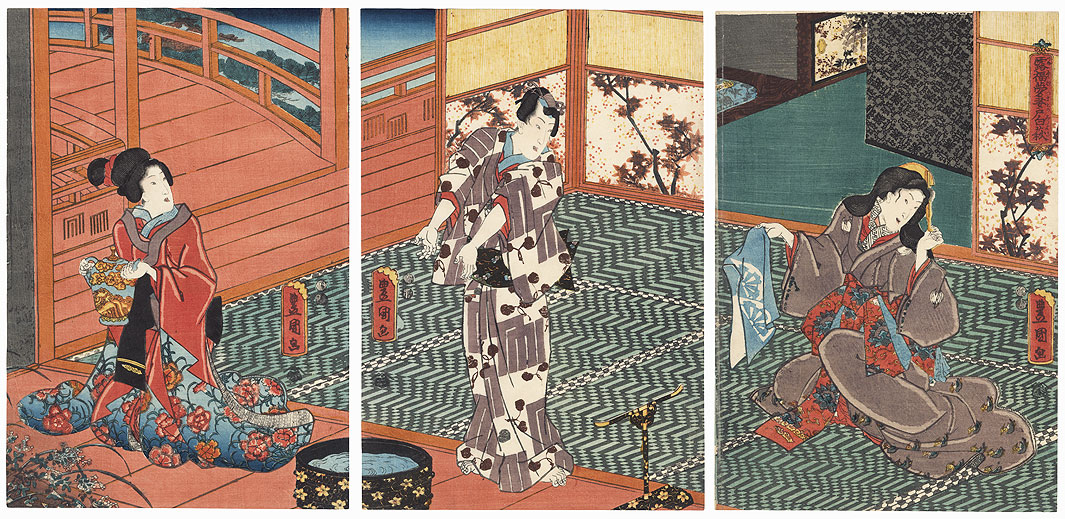Lucky Dreams of Dew, White Clover on the Wooden Doors, 1847 - 1852 by Toyokuni III/Kunisada (1786 - 1864)