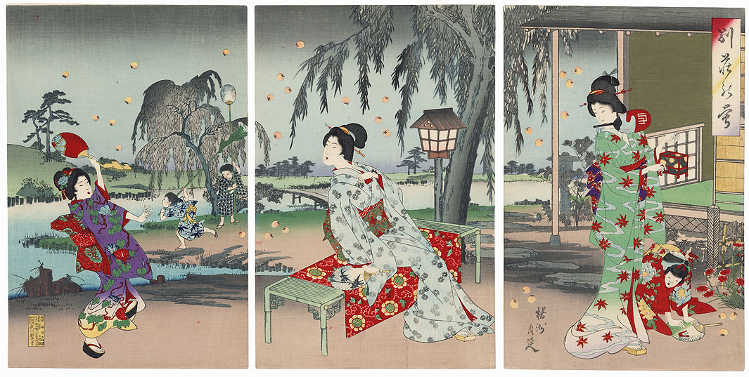 Catching Fireflies at a Country House by Chikanobu (1838 - 1912)
