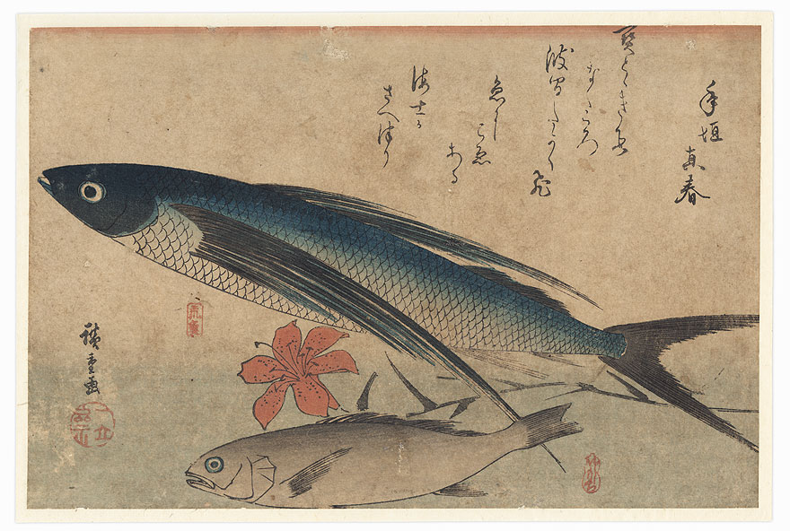 Flying Fish, Ishimochi, and Lily by Hiroshige (1797 - 1858)