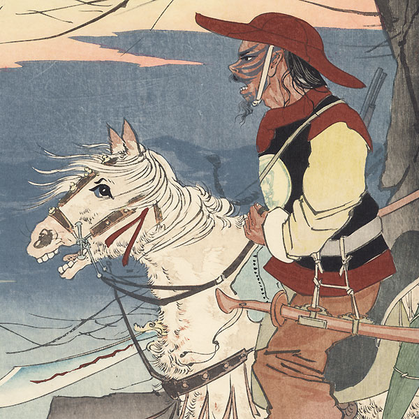 Foreign-looking Manchurian Horsemen on an Expedition to Observe the Japanese Camp in the Distance near Sauhoku, 1894 by Beisaku (1864 - 1903)