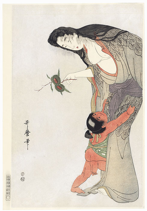 Kintaro and Yamauba Holding Chestnuts by Utamaro (1750 - 1806)