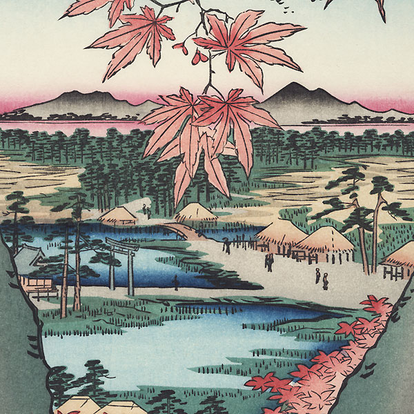 Maple Trees at Mama, Tekona Shrine, and Linked Bridge by Hiroshige (1797 - 1858)